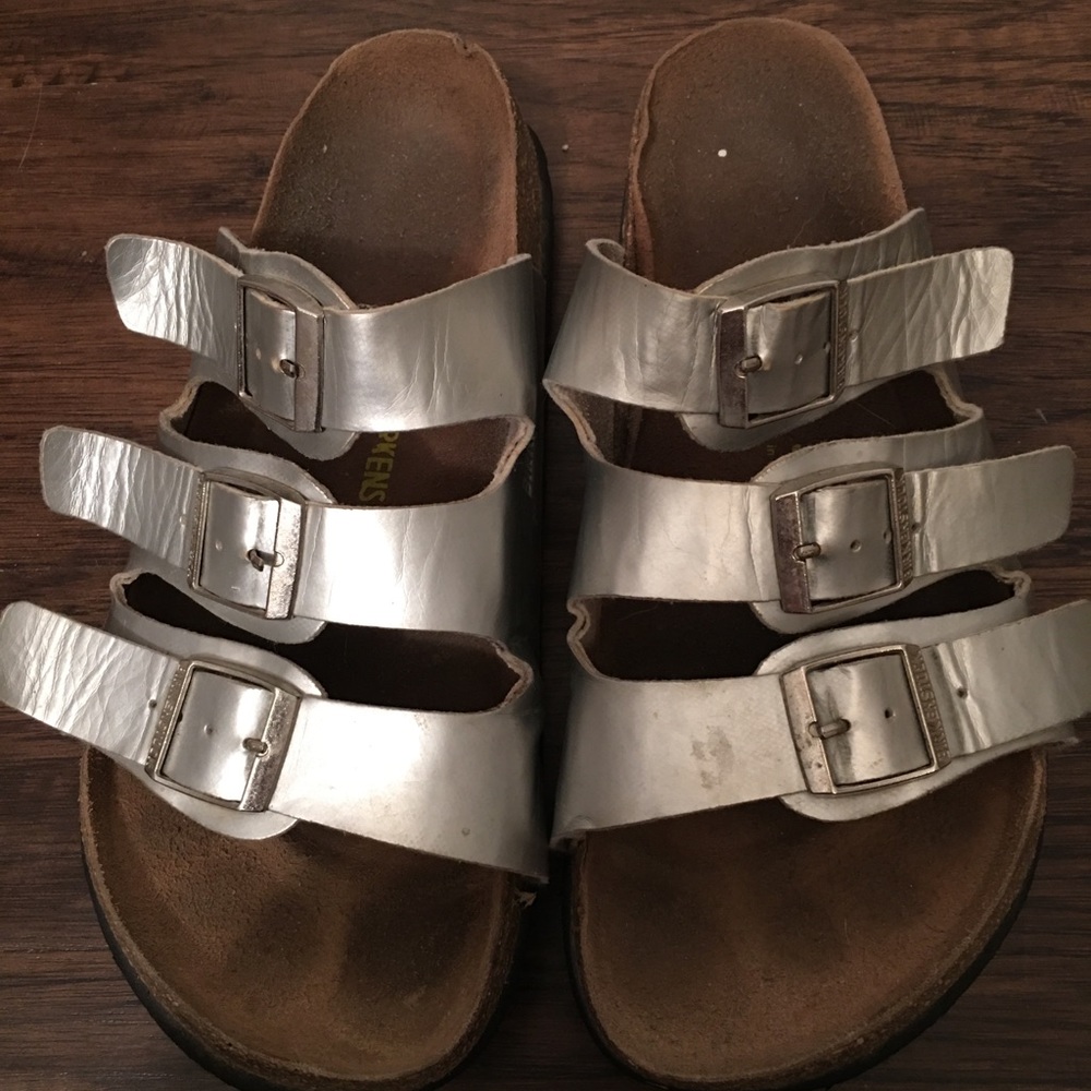 Silver three strap Birkenstock sandals